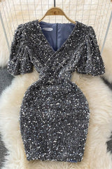 Gray Vintage Glittering Sequin Dresses Slim Cross V-neck Short Sleeve