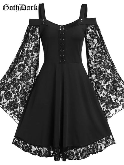 Goth Dark Gothic Aesthetic Vintage Women Autumn Dresses Grunge Lace