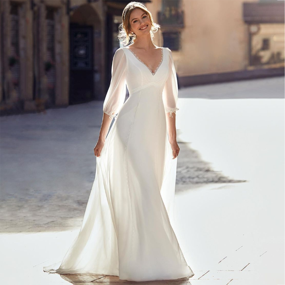 V-Neck Chiffon Wedding Dress For Women 3/4 Sleeve A-Line Modern Backless