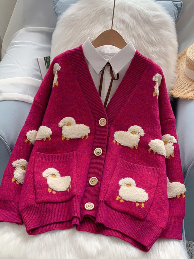 Women Sweater Cardigans Knit Coat V Neck Sheep Cardigans Sweaters Warm Knitwear