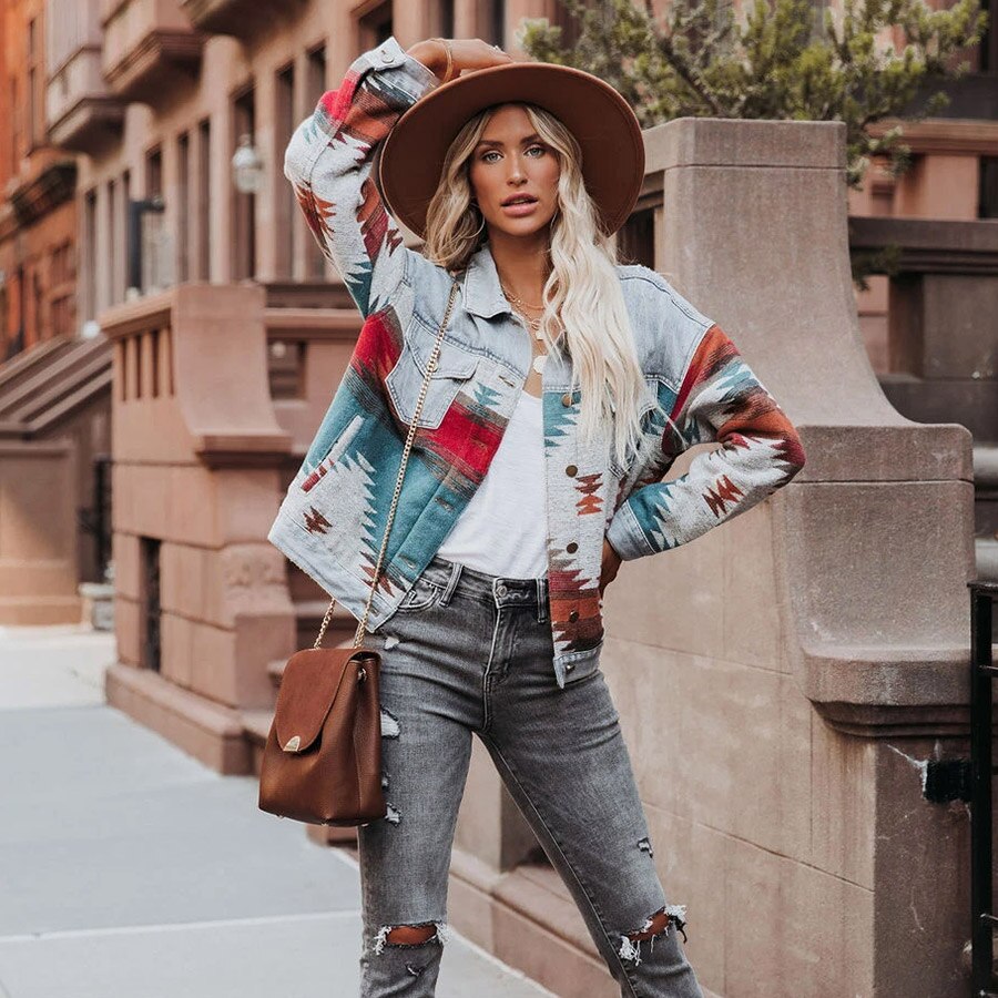 Retro Denim Jacket Long Sleeved Lapel Loose Denim Stitching Woolen