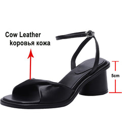 Women Genuine Leather Ankle Strap Sandals Thick Heel Square Toe Sandals