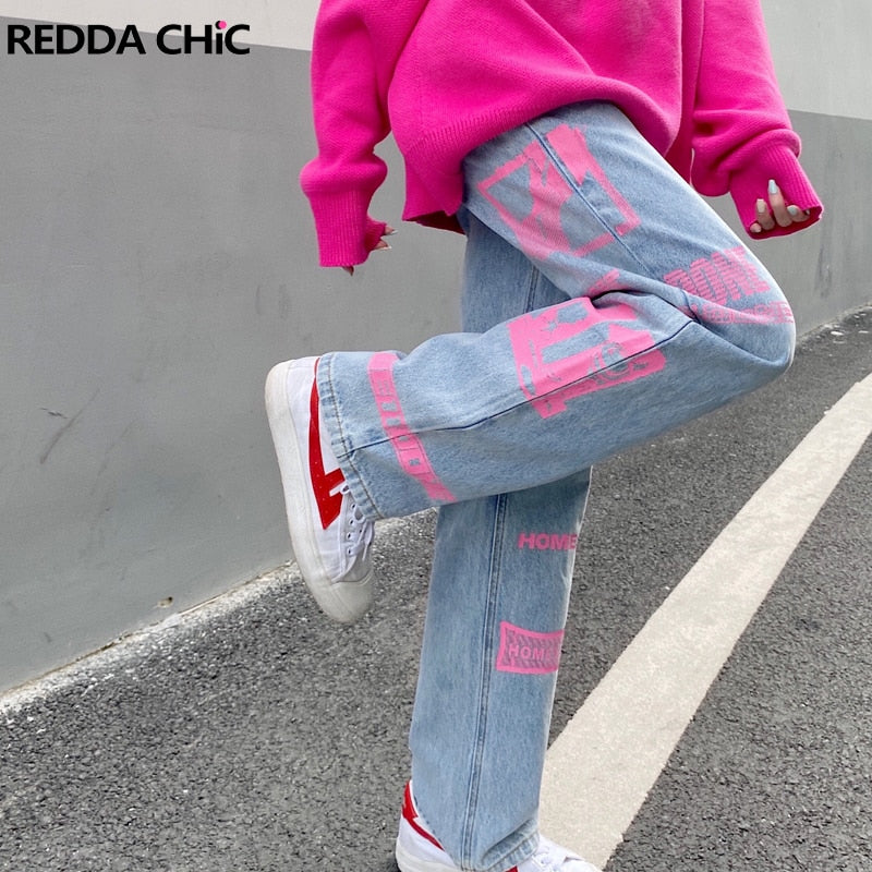 REDDACHiC Y2k Jeans Women Graphic Pink Casual Pants Straight Wide Leg 2022 Trend Trousers Female Cloth Korean Fashion Streetwear