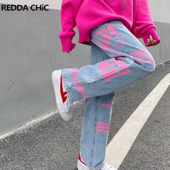 Y2k Jeans Women Graphic Pink Casual Pants Straight Wide Leg Trend