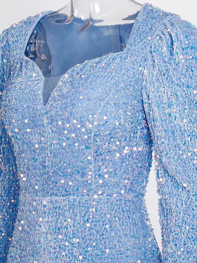 Evening wear Dresses: Sky Blue Long Sleeve Mermaid Wedding Gown Shiny