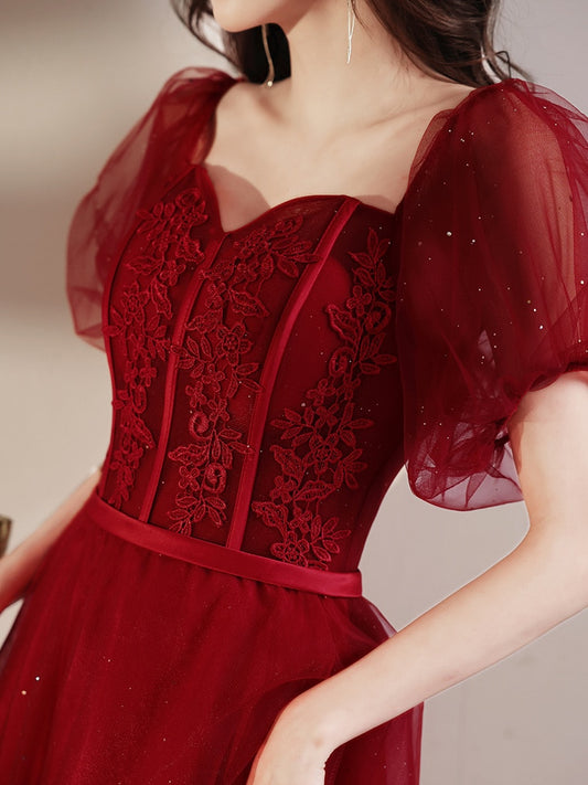 Evening wear Dresses: Red Women Prom Dress Illusion Lace Applique Tulle
