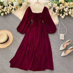 Woherb Chic Elegant Square Collar Maxi Dress Women Solid Chiffon Puff Sleeve