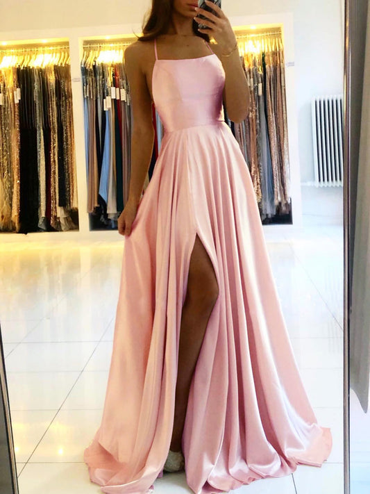 Homecoming Dresses: A-line Long Satin Prom Dresses Women Simple Spaghetti Straps