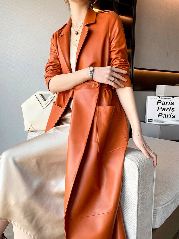 Lautaro Spring Autumn Long Orange Soft Faux Leather Coat Women Pockets