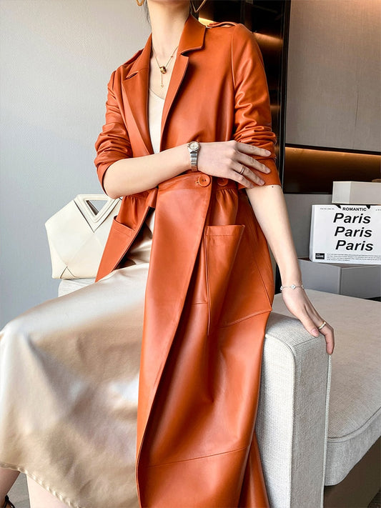 Lautaro Spring Autumn Long Orange Soft Faux Leather Coat Women Pockets