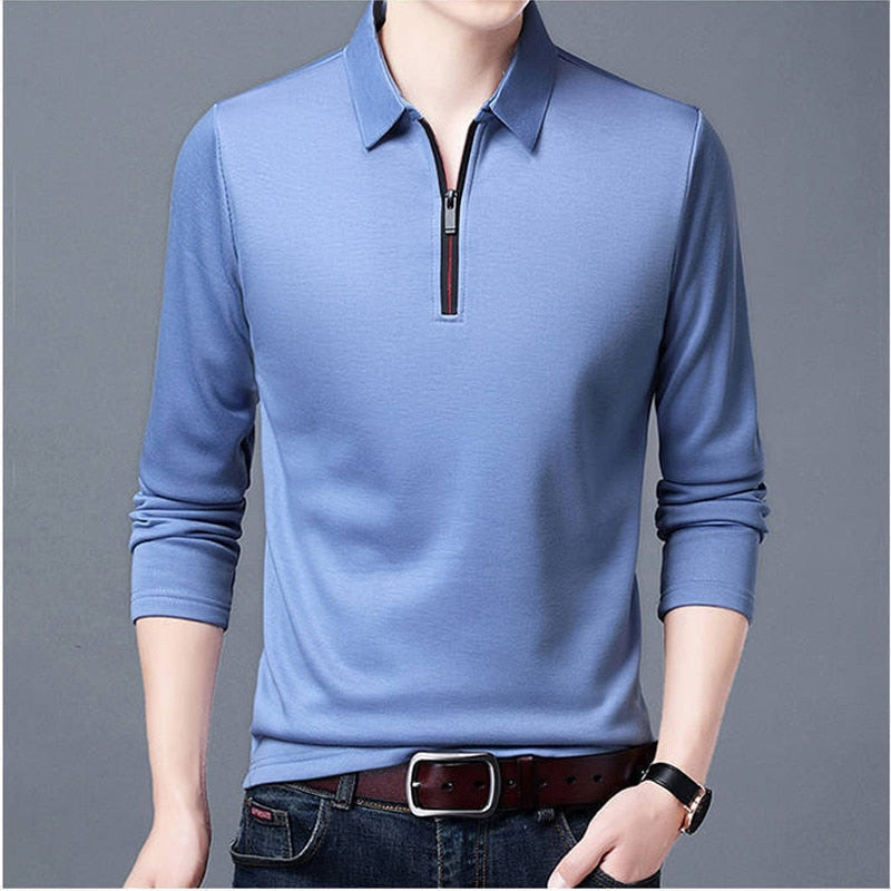 Men Solid Polo Shirt Lapel Long-sleeved Polos Shirt Zipper Collar