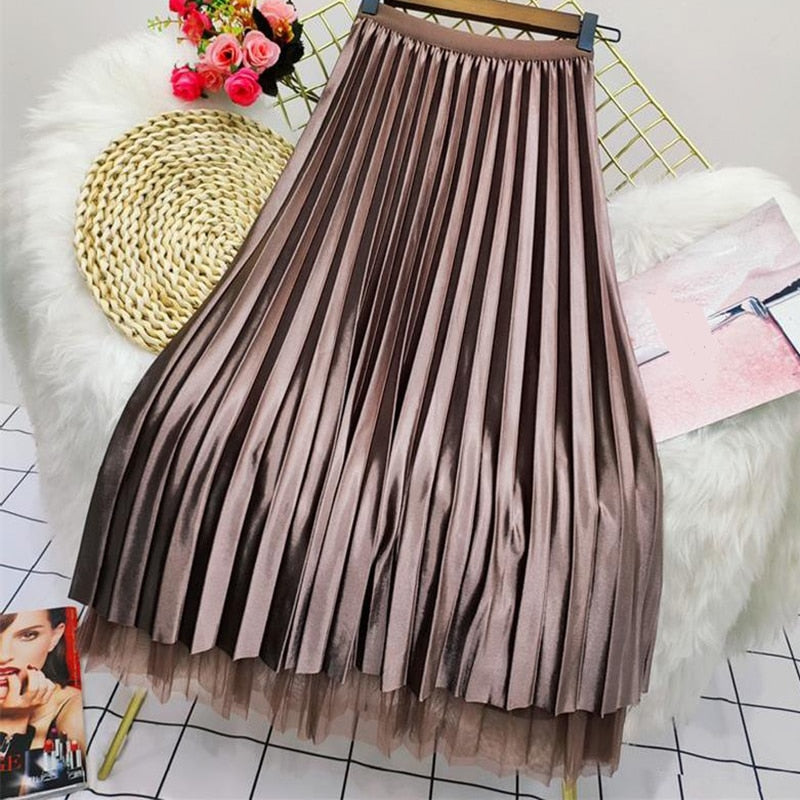 Rimocy Both Sides Wear Pearls Mesh Skirt Women Summer Velvet High Waist