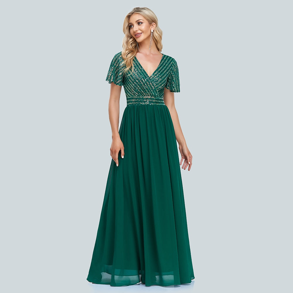 Evening wear Dresses: Women Green Evening Dresses Elegant V-Neck