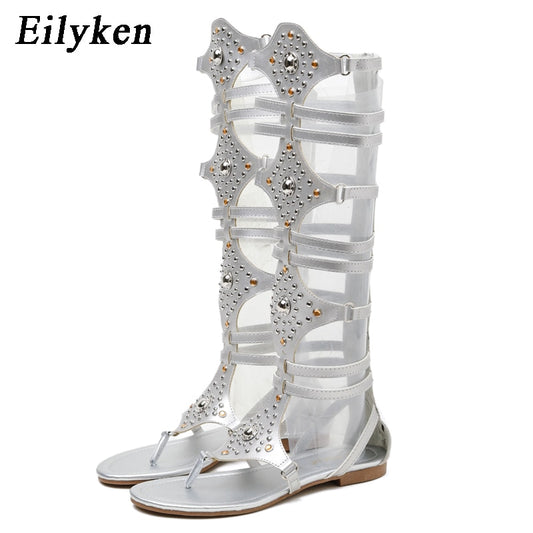 Women Gladiator Roman Sandals PU Leather Open Toe Knee High Rivet Leisure