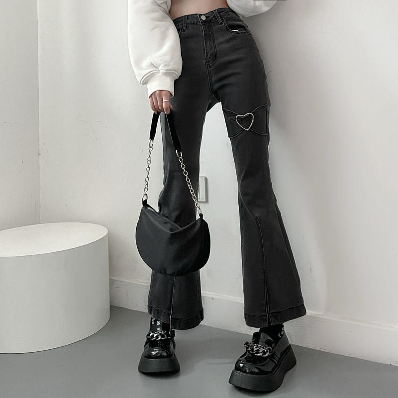 Jeans for Women Vintage Black Denim Flare Pants Street Wear High Waist Slim