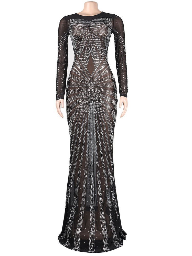 Homecoming Dresses: Sheer Mesh Geometric Crystal Maxi Gowns Beautiful Hollow