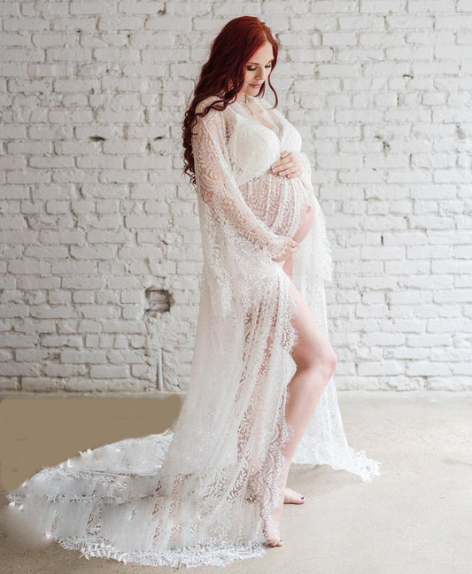 White Lace Maternity Robes Photoshoot Pregnant Bathrobe Evening Dress Full