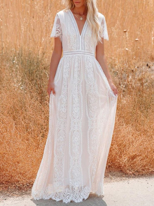 Summer Boho Women Maxi Dress Loose Embroidery White Lace long Tunic Beach Dress