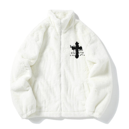Men Rabbit Fur Jacket Coats Hip Hop Cross Letters Winter Fleece Jacket