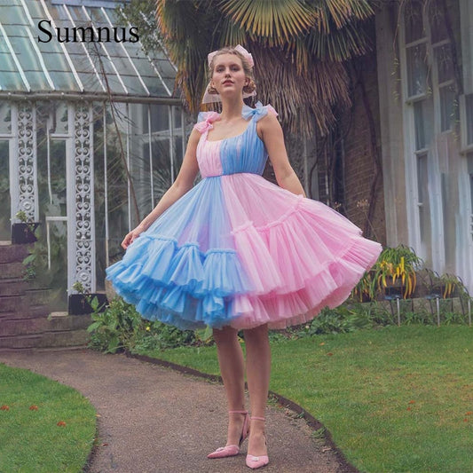 Sumnus Pink Blue Tulle A Line Party Prom Dresses Bow Straps Square Neck