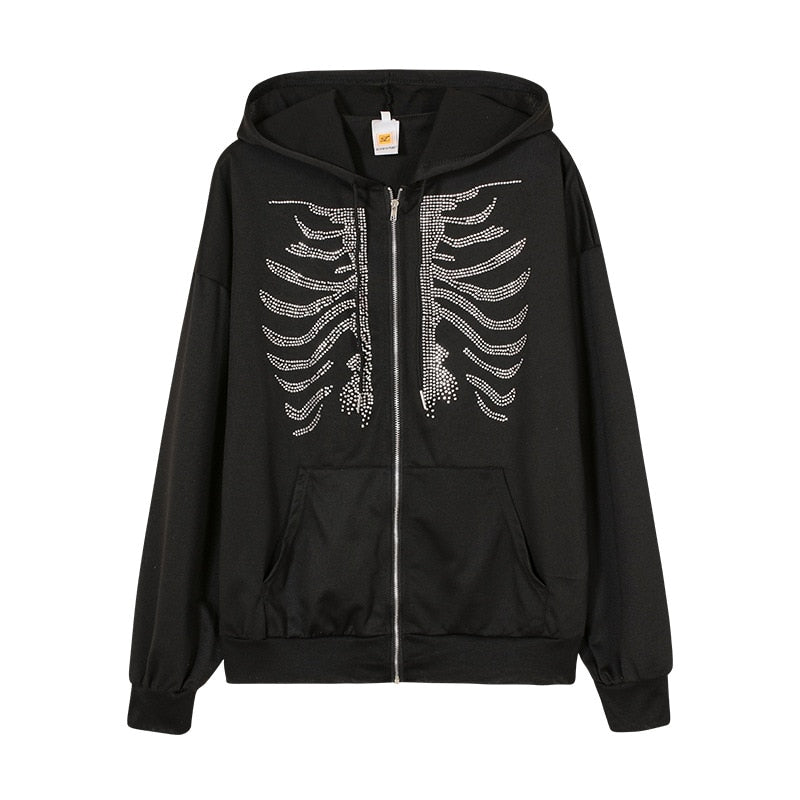 Rhinestone Skeleton Hoodies Women Gothic Black Zip Up Oversized