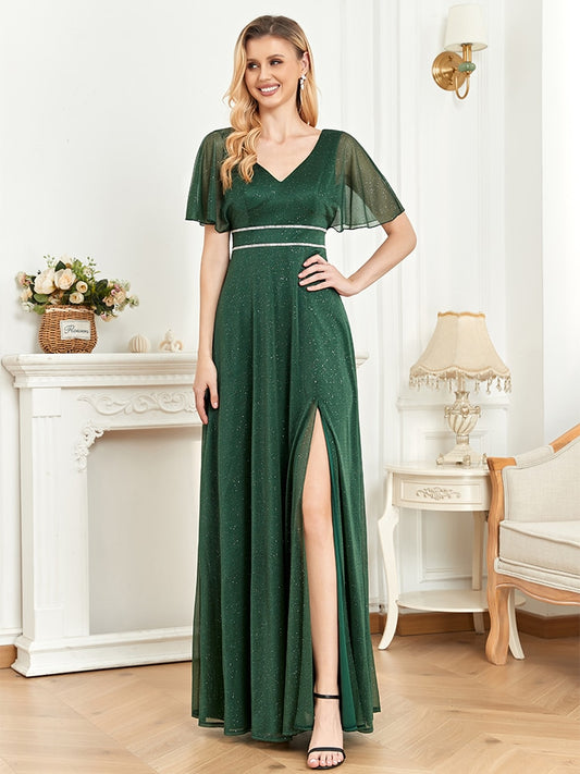 Evening wear Dresses: V-Neck Green Chiffon Split Short Sleeves Bridesmaid