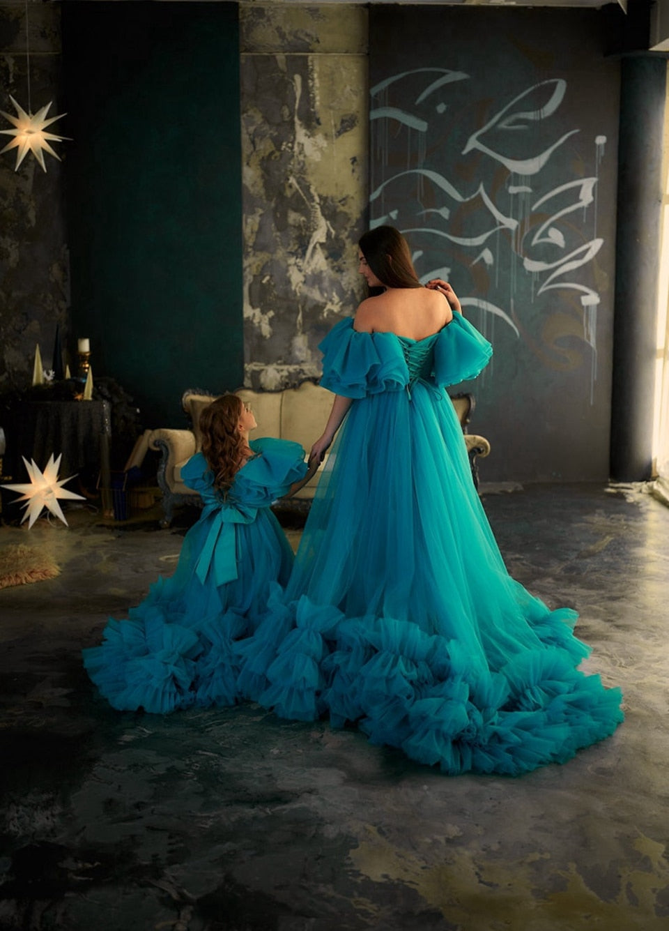 Evening wear Dresses: Mother And Daughter Matching Tulle Fluffy Dresses Ruffle