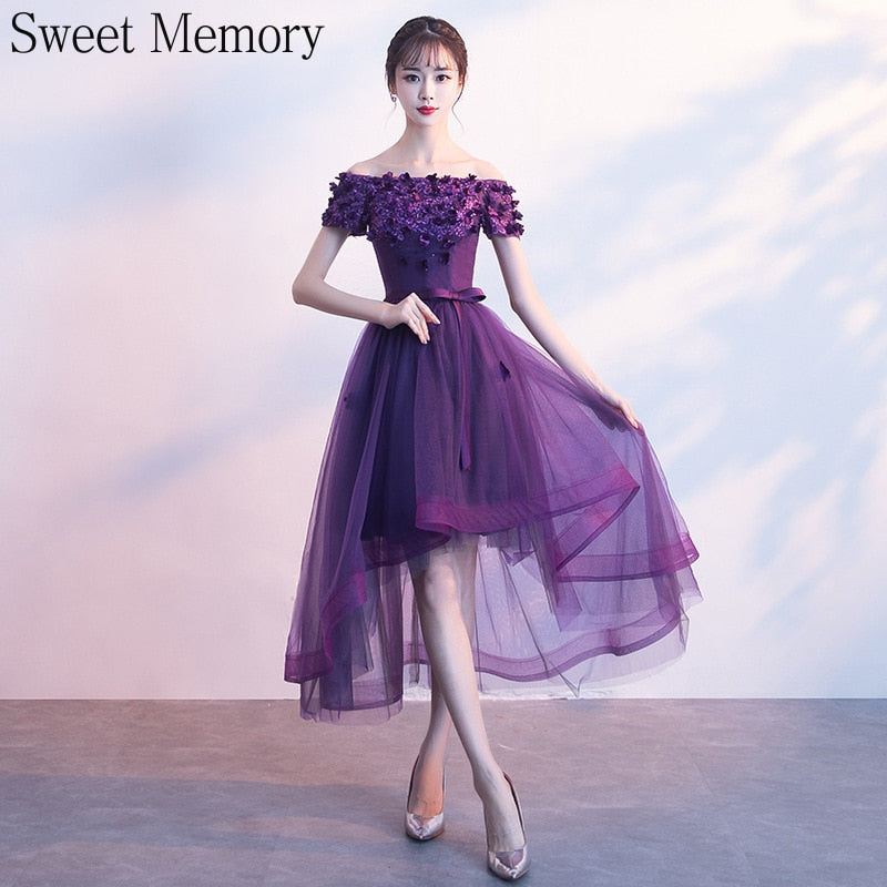 Homecoming Dresses: Dark Red Purple Prom Dresses With Flowers Boat Neck Lace