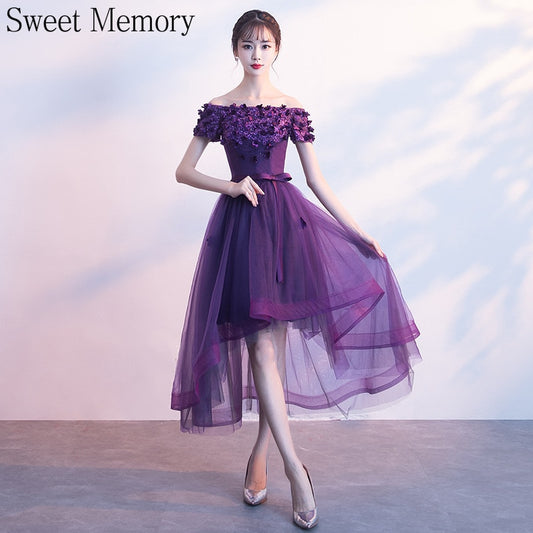 Homecoming Dresses: Dark Red Purple Prom Dresses With Flowers Boat Neck Lace