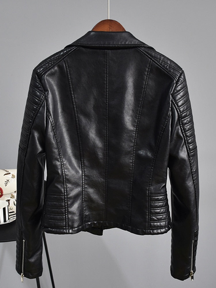 Leather Jacket Women Turndown Collar Pu Motorcycle Black Punk Coat