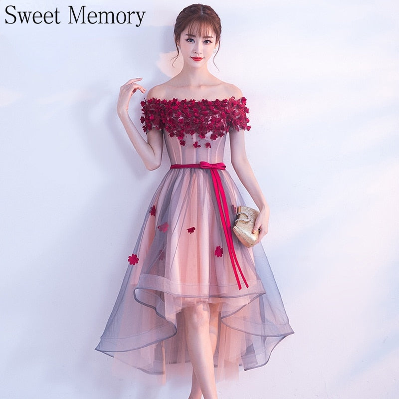Homecoming Dresses: Dark Red Purple Prom Dresses With Flowers Boat Neck Lace