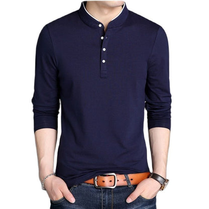 Spring Men Long Sleeve T Shirts Half Buttons Stand Collar Cotton