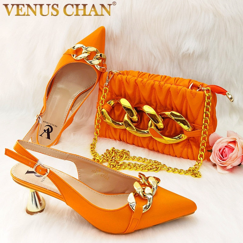 Orange Color Carnival Party Fashion Pointed Toe Metal Chain Leather Ladies High Heels Shoes And Bags For Sale