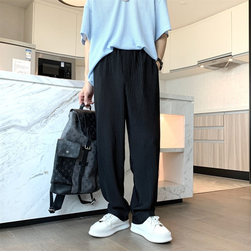 Summer 3-color Pleated Pants Men Fashion Oversized Ice Silk Pants Men