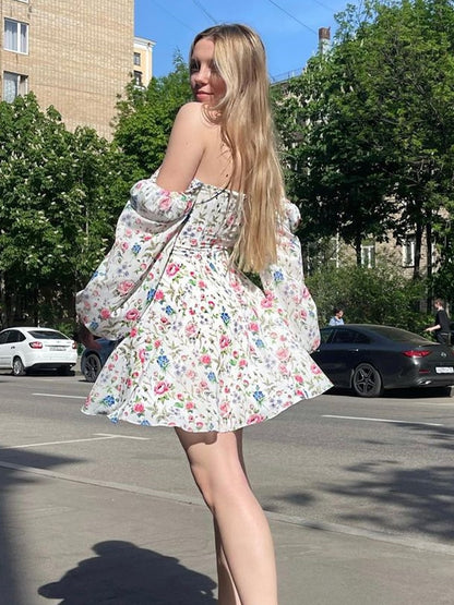 Floral Dress Women Lantern Long Sleeve Ruched Print A Line Square Neck Tie up Mini Vestidos Sexy Chic Summer Beach Dress