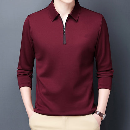 Men Solid Polo Shirt Lapel Long-sleeved Polos Shirt Zipper Collar