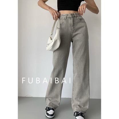 Grey Womens Jeans High Waist Vintage Straight Baggy Denim Pants Streetwear