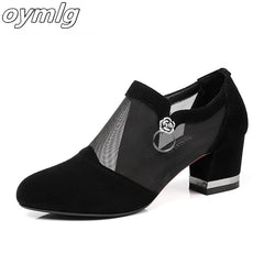 Summer Women High Heel Shoes Mesh Breathable Pumps Zip Pointed Toe Thick