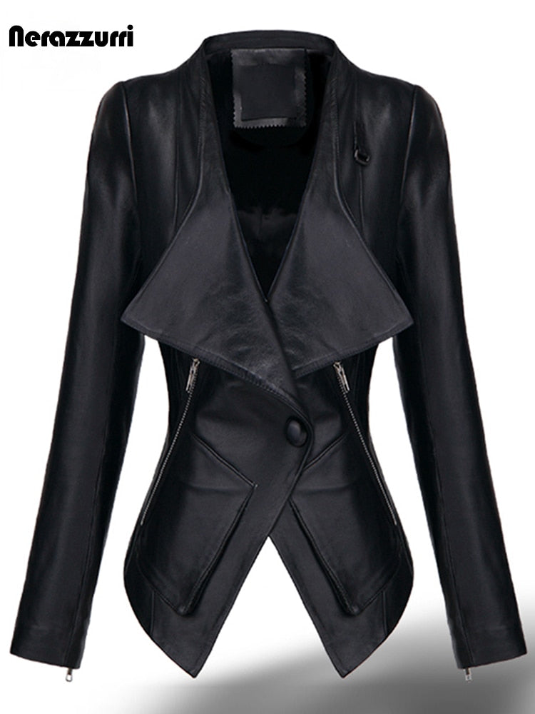 Spring Short Red Black Leather Jacket Long Sleeve Single Button Slim