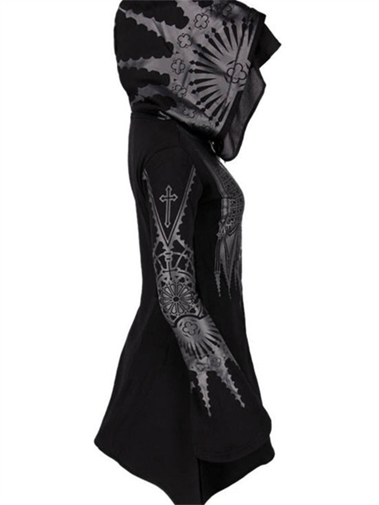 Street Goth Punk Style Black Long Hooded Top Harajuku Retro Dark Grunge Coats