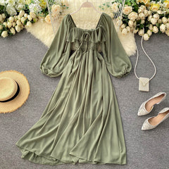 Woherb Chic Elegant Square Collar Maxi Dress Women Solid Chiffon Puff Sleeve
