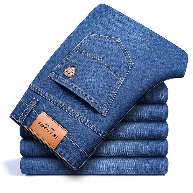 autumn spring fitted straight stretch denim jeans classic style badge youth men