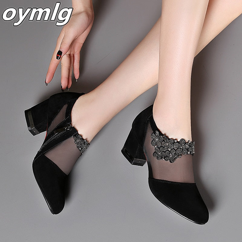 Summer Women High Heel Shoes Mesh Breathable Pumps Zip Pointed Toe Thick