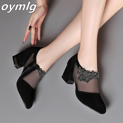 Summer Women High Heel Shoes Mesh Breathable Pumps Zip Pointed Toe Thick
