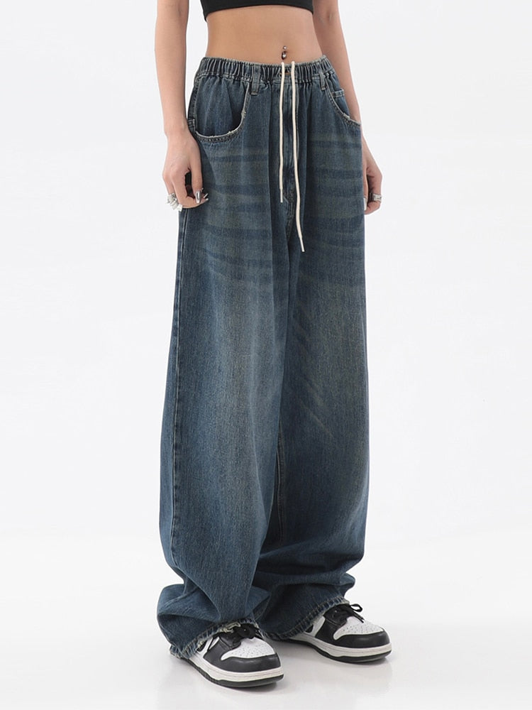 Women American Vintage Baggy Jeans Elastic Waist Oversized Long Trouser