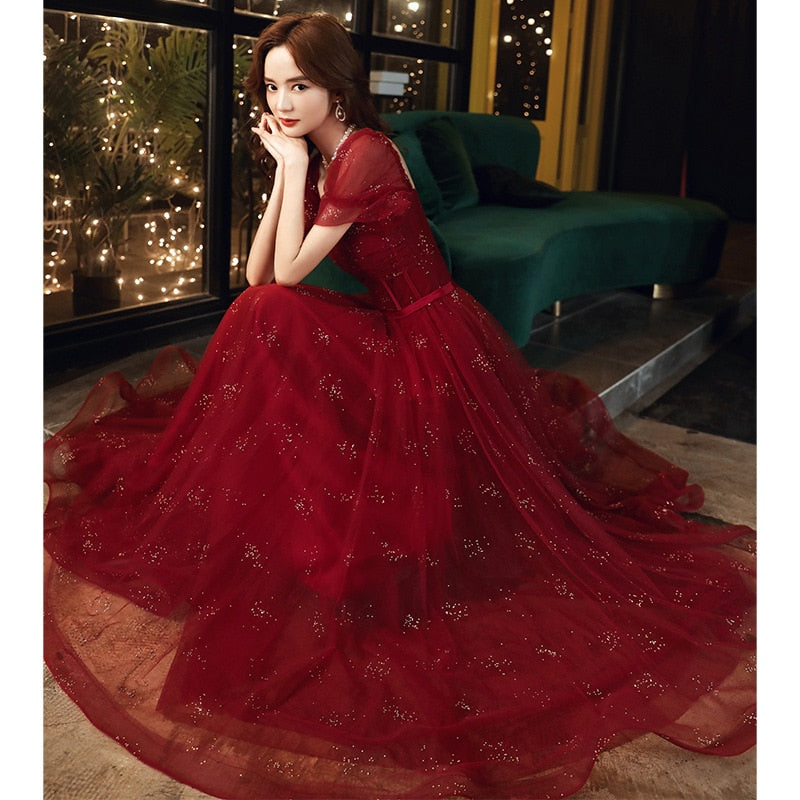 Evening wear Dresses: Red Women Formal Dress Square Collar Mesh Sleeve Elegant