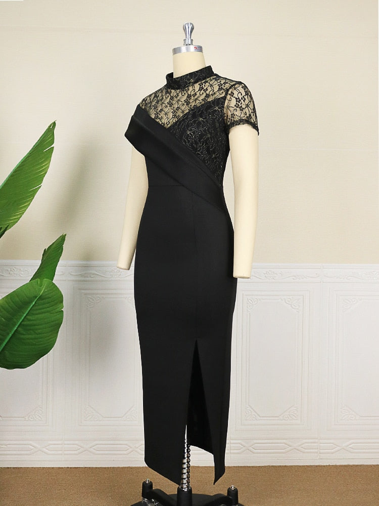 Evening wear Dresses: Black Long Prom Dresses Neck Lace Women Evening