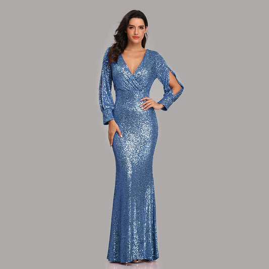 V-neck Mermaid Evening Dress Long Formal Prom Party Gown Full Sequins