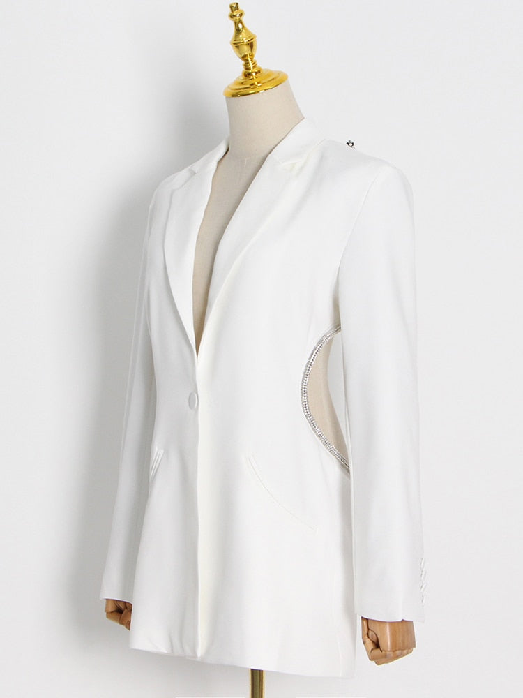 Backless Diamond Blazer Tops Female Lapel Collar Long