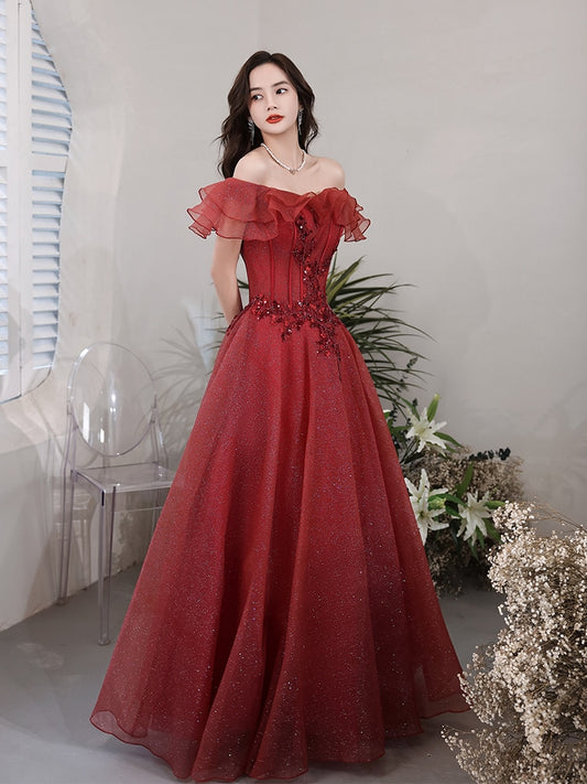 Luxury Beaded Ruffled Prom Dress Off Shoulder A-Line Wind Red Tulle